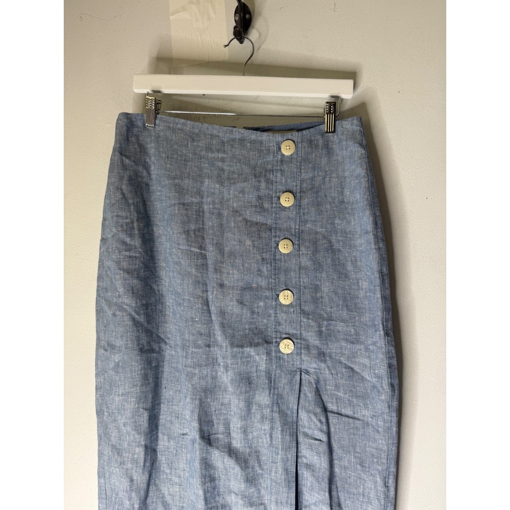 LOFT 100% Linen Skirt Sky Chambray Blue Button Midi Straight Split size 6 - Picture 3 of 6